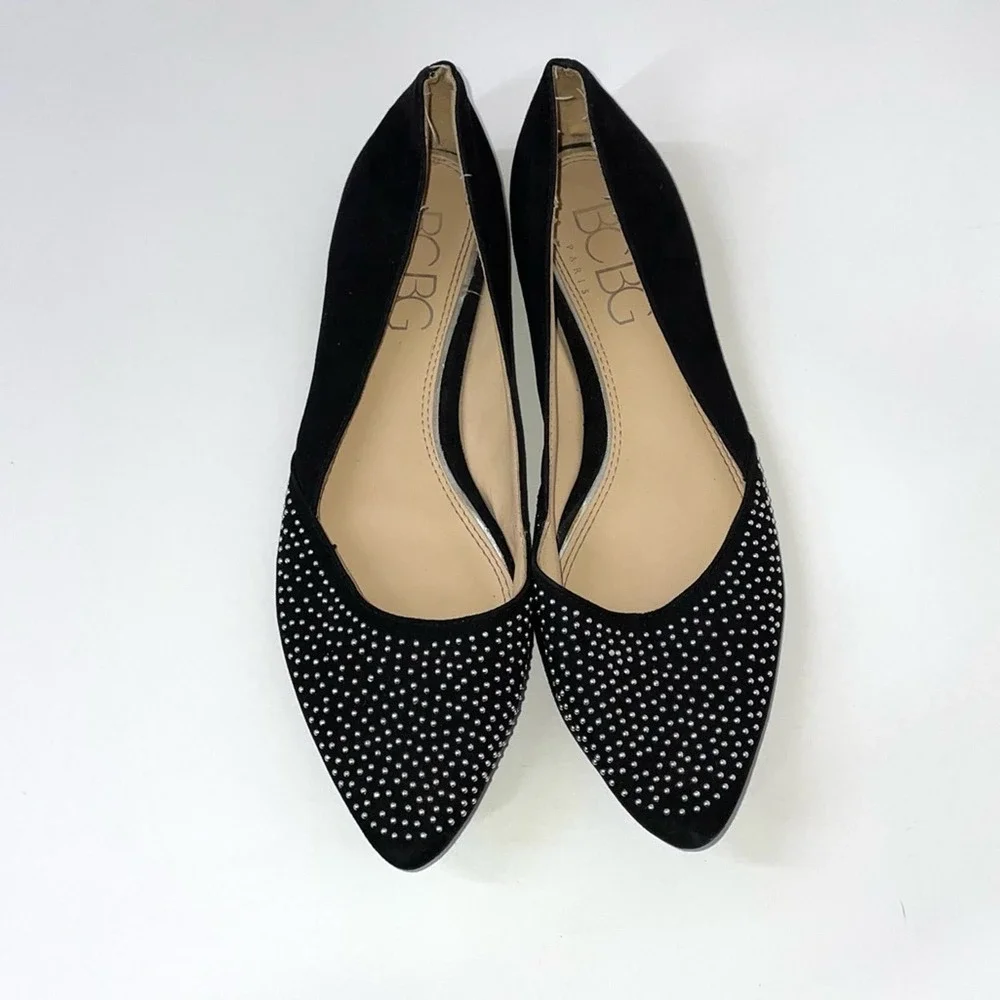BCBG Paris Suede Studded Pointed Toe Loafer Flats Black Size 6B / 36